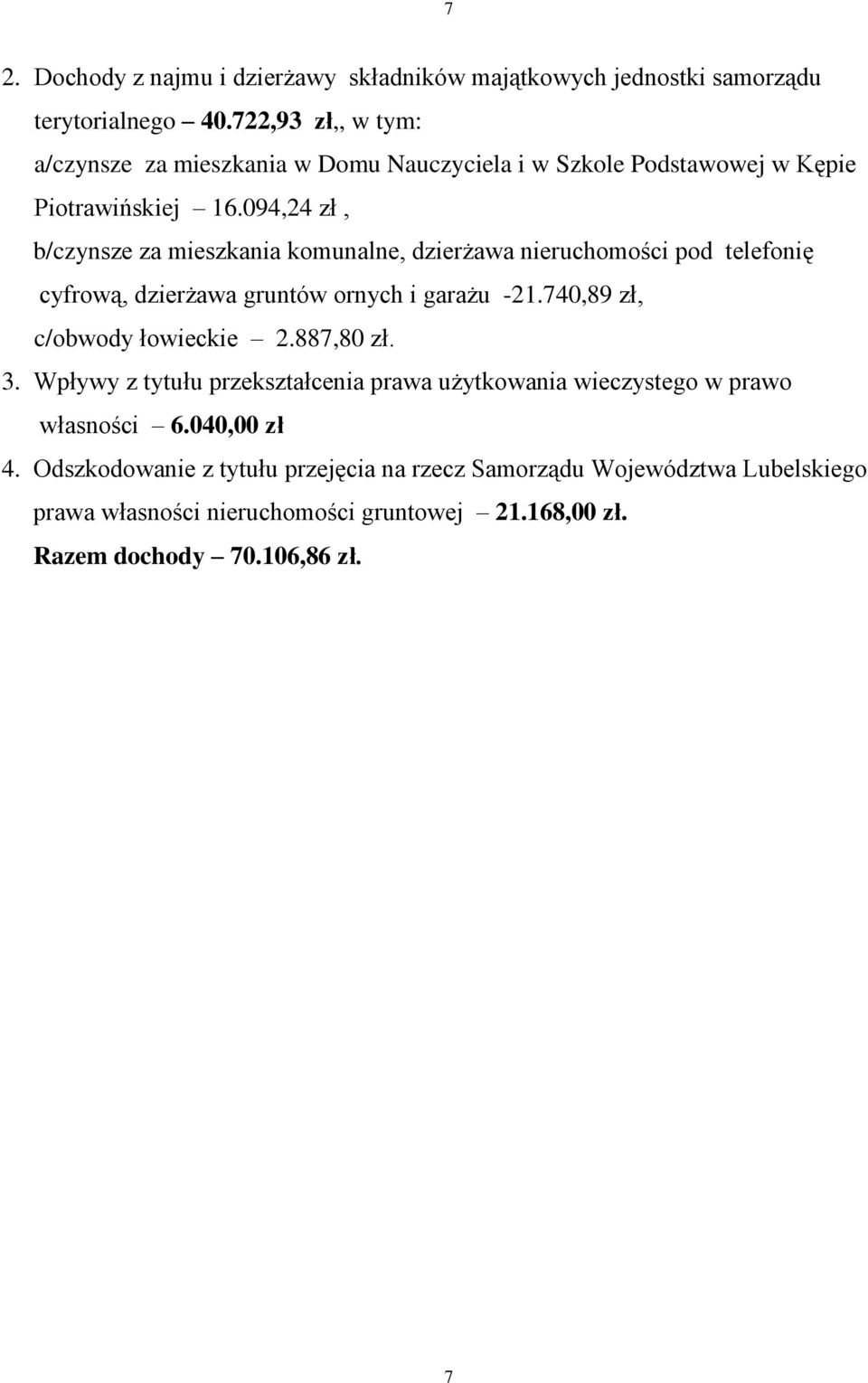 094,24 zł, b/czynsze za mieszkania komunalne, dzierżawa nieruchomości pod telefonię cyfrową, dzierżawa gruntów ornych i garażu -21.