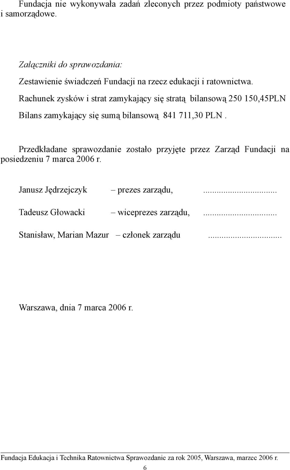 Rachunek zysków i strat zamykający się stratą bilansową 250 150,45PLN Bilans zamykający się sumą bilansową 841 711,30 PLN.
