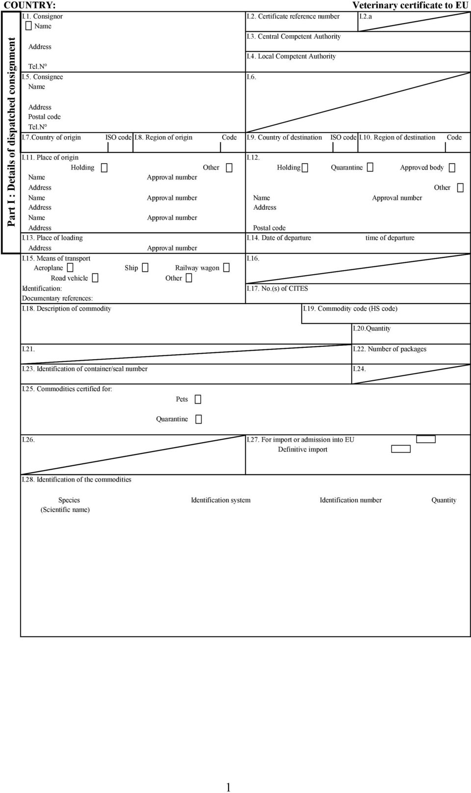 Holding Other Holding Quarantine Approved body Other Postal code I.13. Place of loading I.14. Date of departure time of departure I.15. Means of transpt I.16.