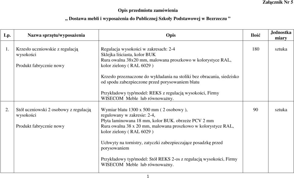 Stół uczniowski 2 osobowy z regulacją wysokości Regulacja wysokości w zakresach: 2-4 Sklejka liściasta, kolor BUK Rura owalna 38x20 mm, malowana proszkowo w kolorystyce RAL, kolor zielony ( RAL 6029