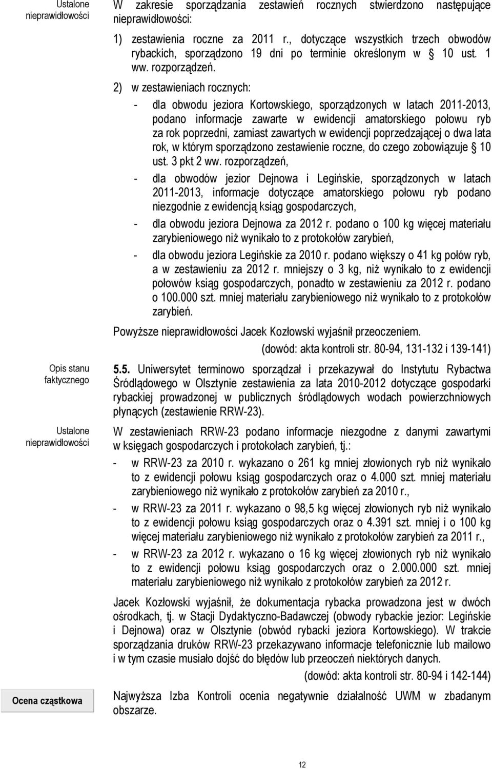 2) w zestawieniach rocznych: - dla obwodu jeziora Kortowskiego, sporządzonych w latach 2011-2013, podano informacje zawarte w ewidencji amatorskiego połowu ryb za rok poprzedni, zamiast zawartych w