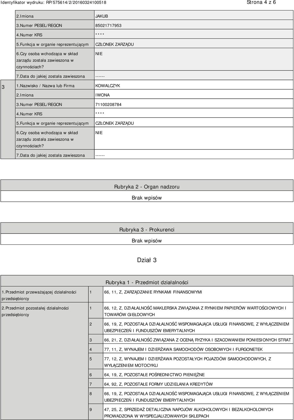 Funkcja w organie reprezentującym 6.Czy osoba wchodząca w skład zarządu została zawieszona w czynnościach? CZŁONEK ZARZĄDU 7.
