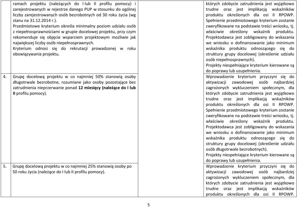 Przedmiotowe kryterium określa minimalny poziom udziału osób z niepełnosprawnościami w grupie docelowej projektu, przy czym rekomenduje się objęcie wsparciem projektowym możliwie jak największej