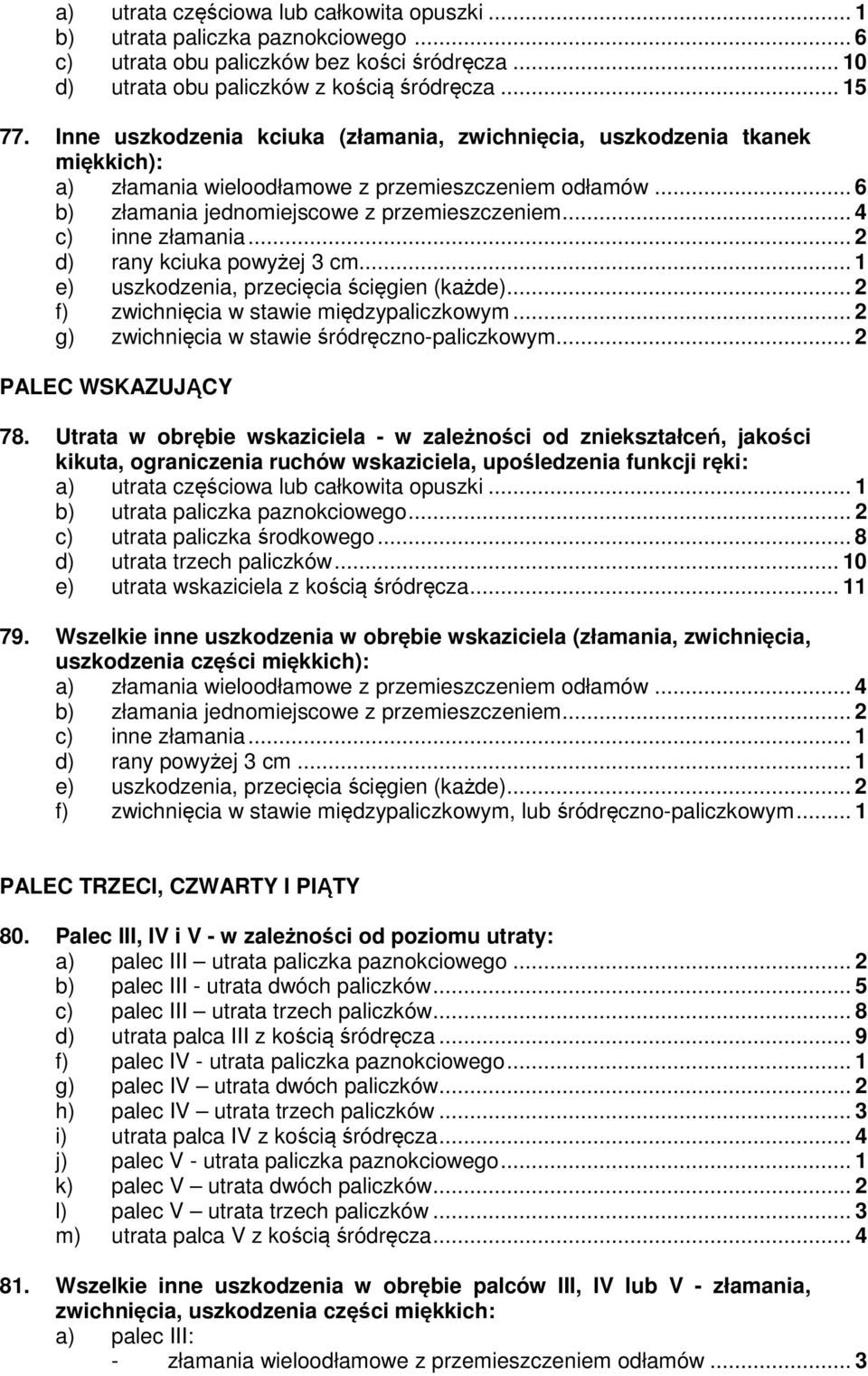 .. 4 c) inne złamania... 2 d) rany kciuka powyżej 3 cm... 1 e) uszkodzenia, przecięcia ścięgien (każde)... 2 f) zwichnięcia w stawie międzypaliczkowym.