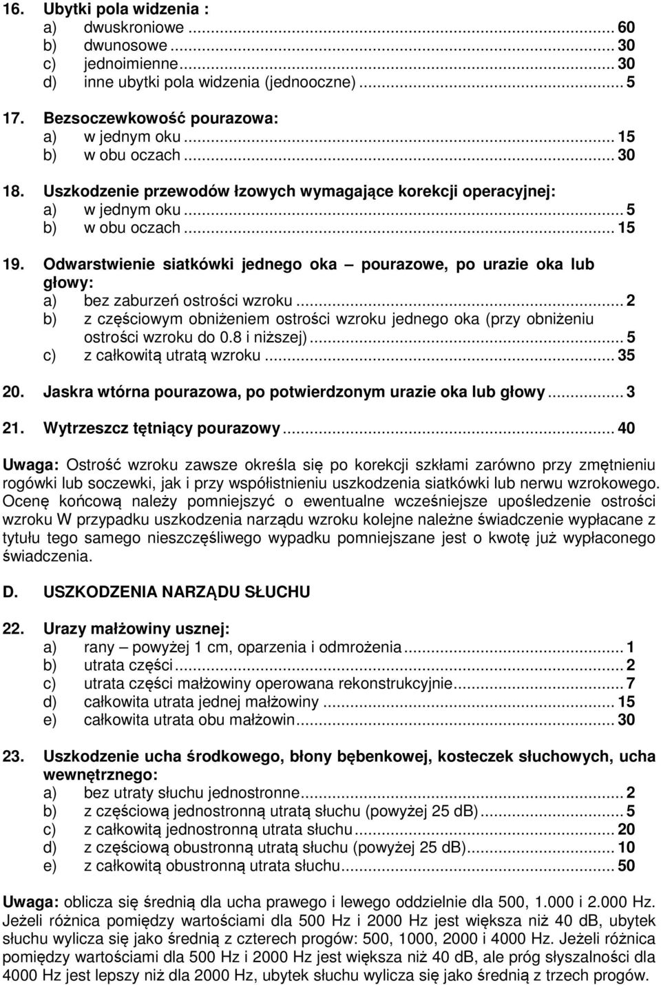 Odwarstwienie siatkówki jednego oka pourazowe, po urazie oka lub głowy: a) bez zaburzeń ostrości wzroku... 2 b) z częściowym obniżeniem ostrości wzroku jednego oka (przy obniżeniu ostrości wzroku do 0.