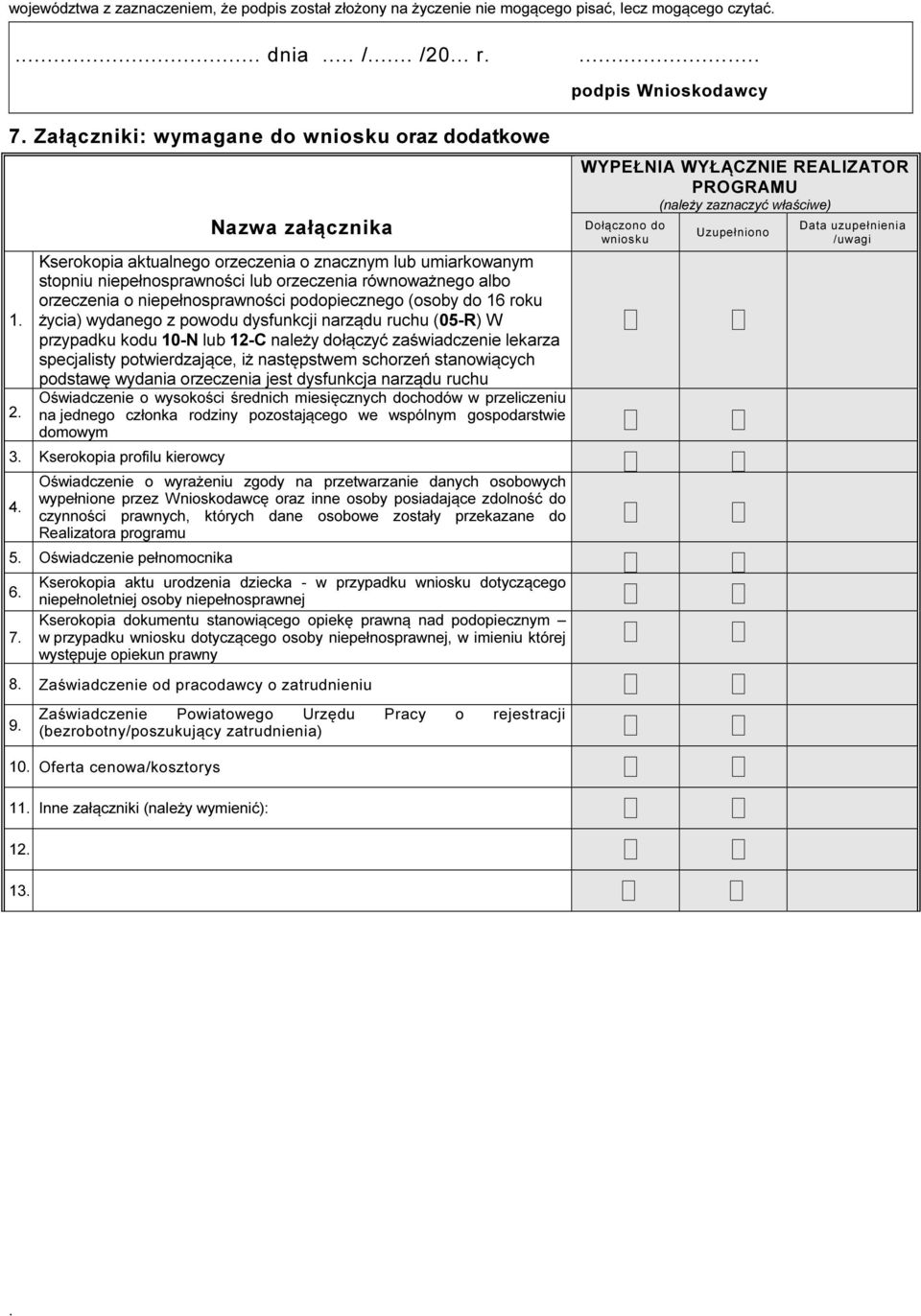 dysfunkcji narządu ruchu (05-R) W przypadku kodu 10-N lub 12-C należy dołączyć zaświadczenie lekarza specjalisty potwierdzające, iż następstwem schorzeń stanowiących podstawę wydania orzeczenia jest