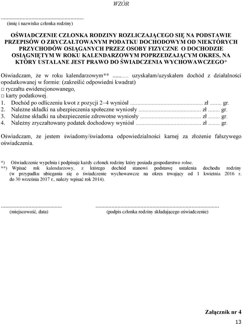 .. uzyskałam/uzyskałem dochód z działalności opodatkowanej w formie: (zakreślić odpowiedni kwadrat) ryczałtu ewidencjonowanego, karty podatkowej. 1. Dochód po odliczeniu kwot z pozycji 2 4 wyniósł.