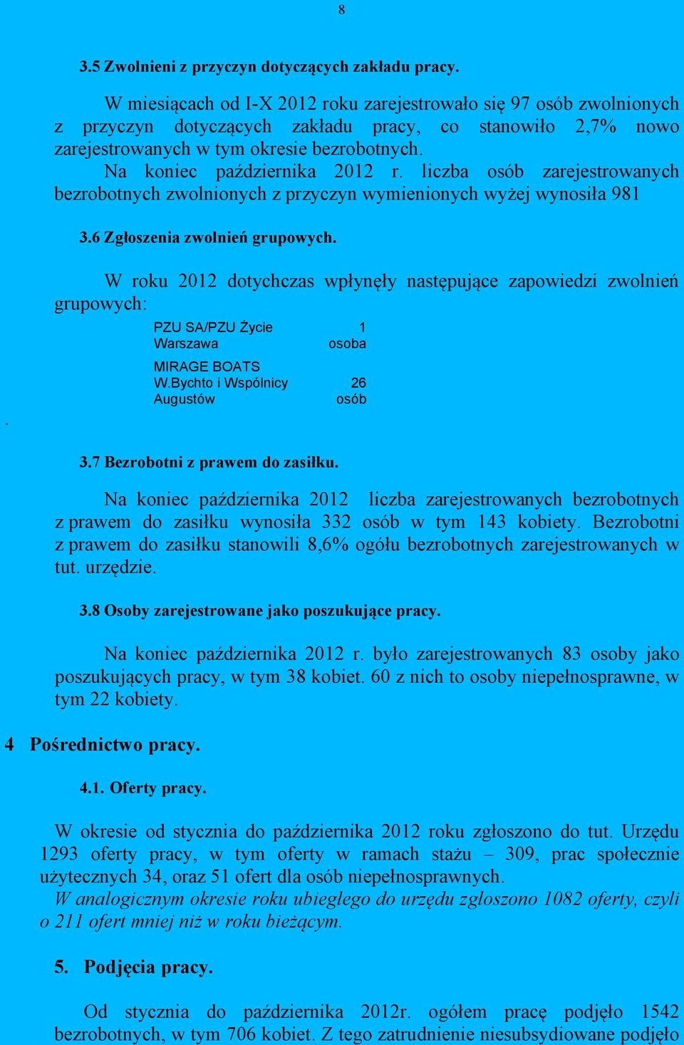 Na koniec października 2012 r. liczba osób zarejestrowanych bezrobotnych zwolnionych z przyczyn wymienionych wyżej wynosiła 981 3.6 Zgłoszenia zwolnień grupowych.