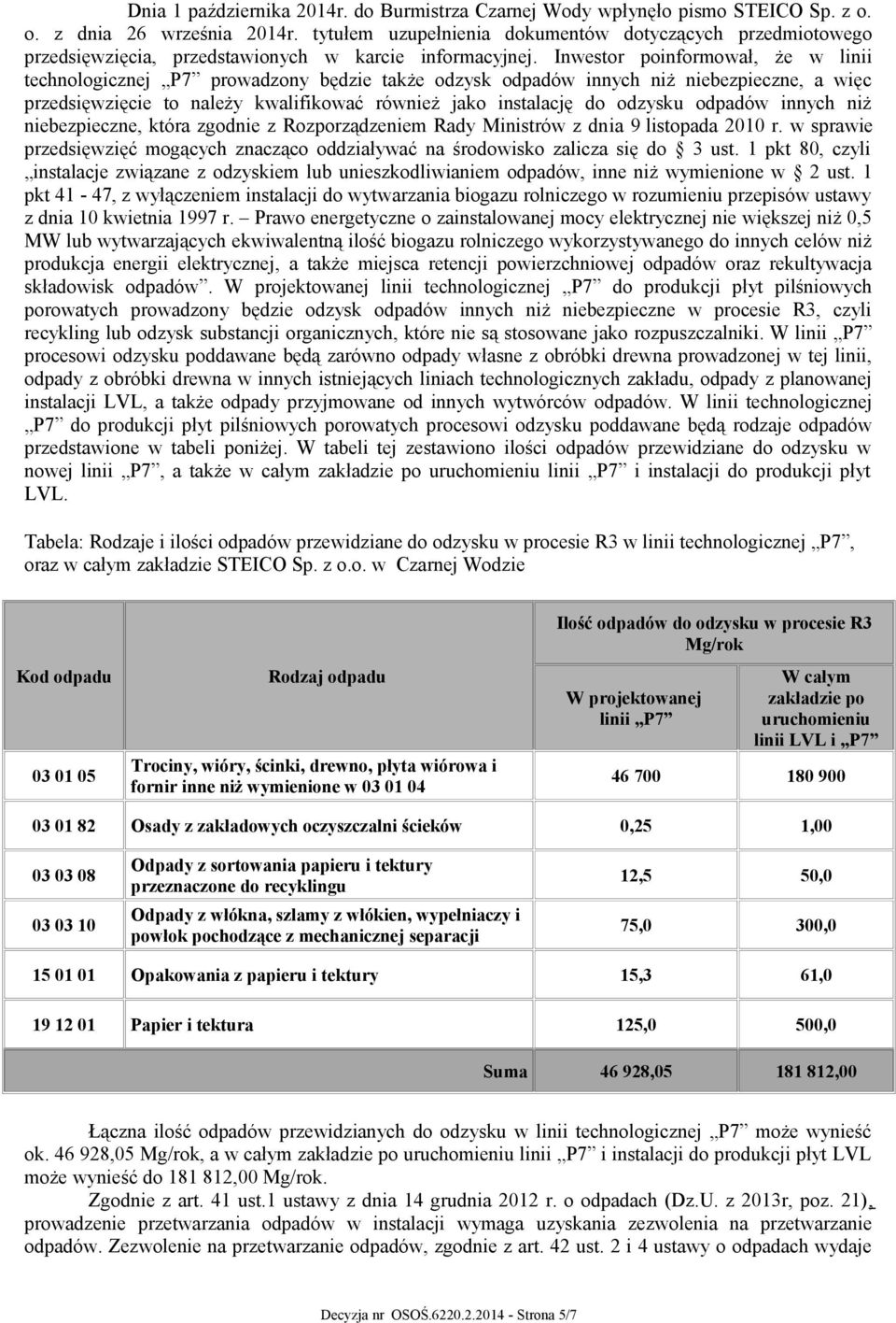 Inwestor poinformował, że w linii technologicznej P7 prowadzony będzie także odzysk odpadów innych niż niebezpieczne, a więc przedsięwzięcie to należy kwalifikować również jako instalację do odzysku