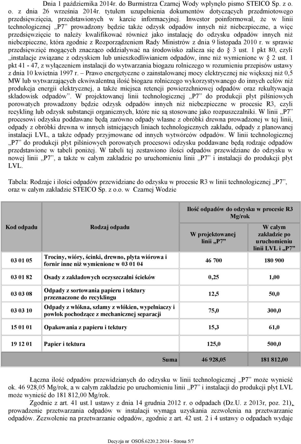 Inwestor poinformował, że w linii technologicznej P7 prowadzony będzie także odzysk odpadów innych niż niebezpieczne, a więc przedsięwzięcie to należy kwalifikować również jako instalację do odzysku