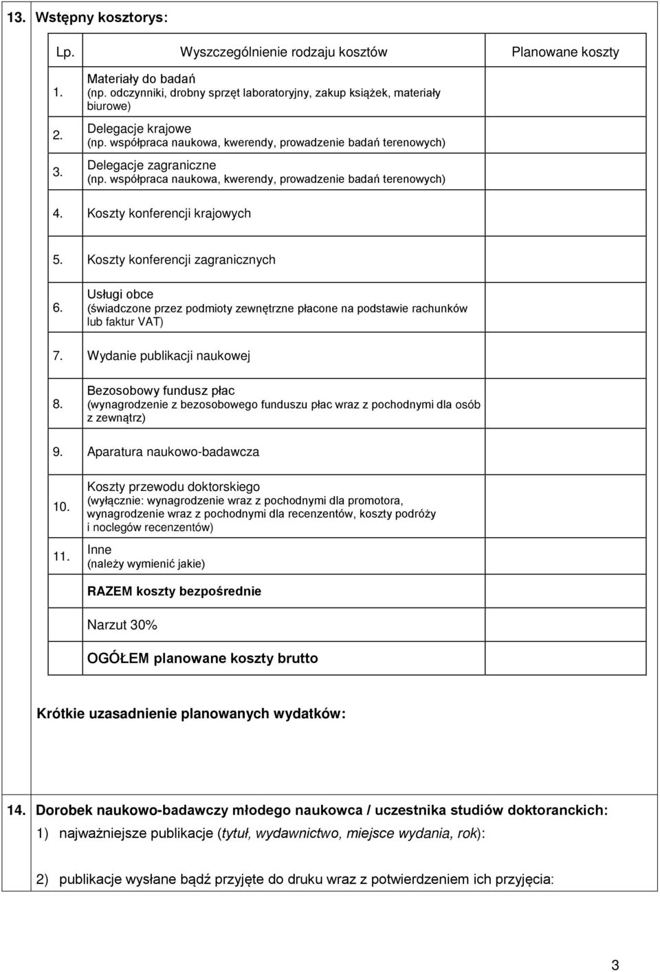 współpraca naukowa, kwerendy, prowadzenie badań terenowych) 4. Koszty konferencji krajowych 5. Koszty konferencji zagranicznych 6.