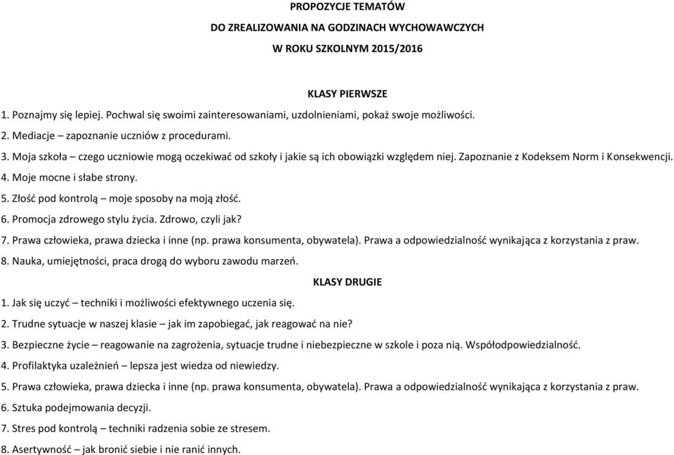 Moja szkoła czego uczniowie mogą oczekiwać od szkoły i jakie są ich obowiązki względem niej. Zapoznanie z Kodeksem Norm i Konsekwencji. 4. Moje mocne i słabe strony. 5.