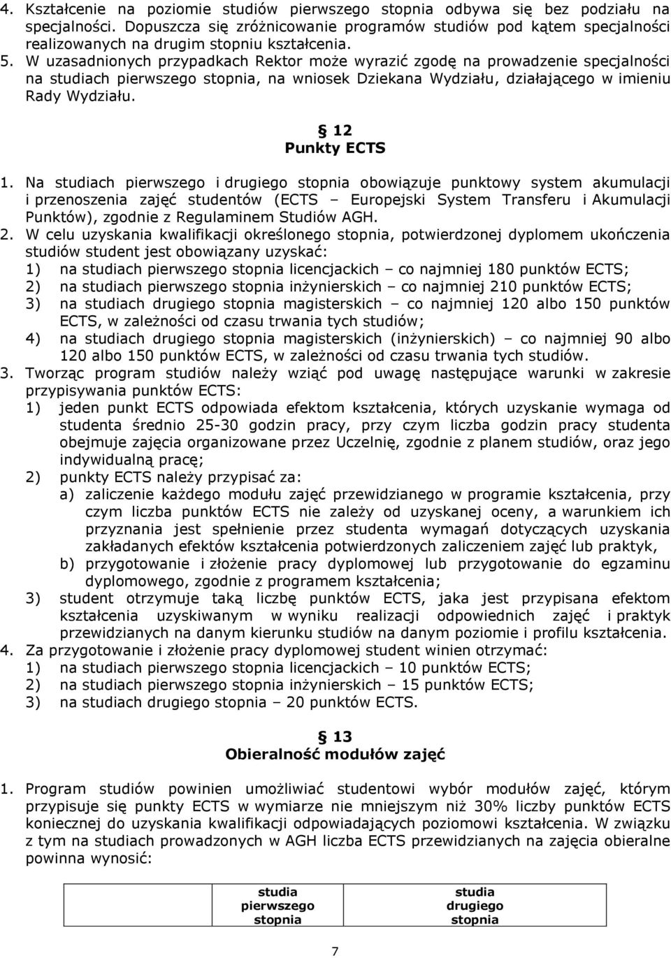 W uzasadnionych przypadkach Rektor może wyrazić zgodę na prowadzenie specjalności na studiach pierwszego stopnia, na wniosek Dziekana Wydziału, działającego w imieniu Rady Wydziału. 12 Punkty ECTS 1.