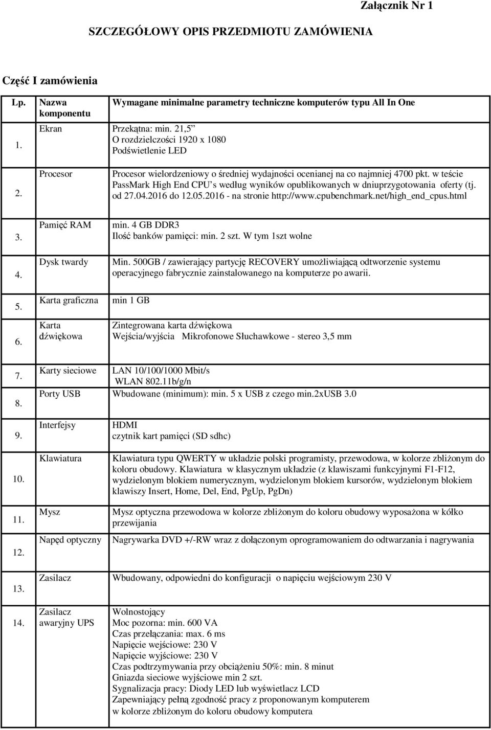 2016 do 12.05.2016 - na stronie http://www.cpubenchmark.net/high_end_cpus.html 3. 4. 5. 6. Pami RAM Dysk twardy Karta graficzna Karta wi kowa min. 4 GB DDR3 Ilo banków pami ci: min. 2 szt.