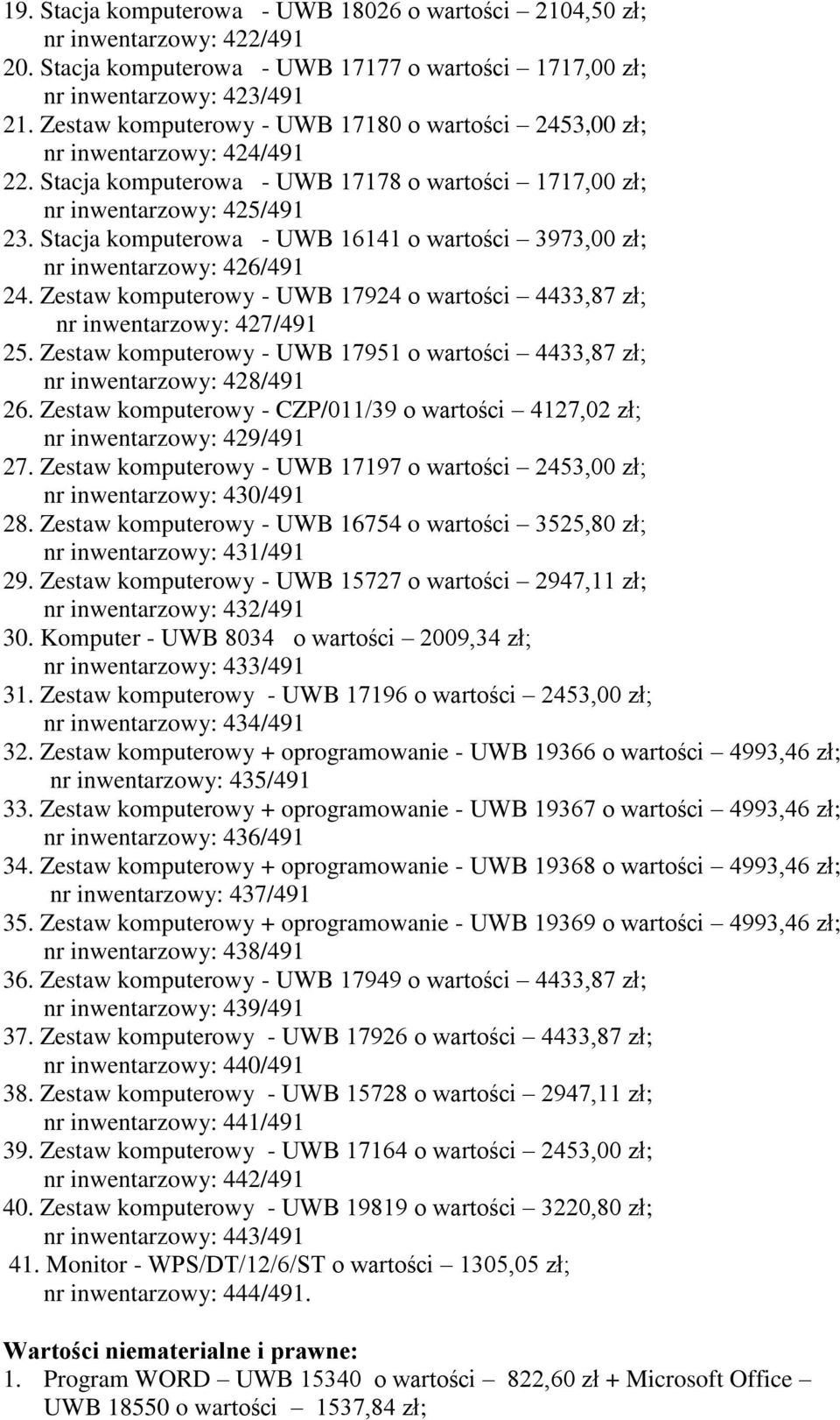 Stacja komputerowa - UWB 16141 o wartości 3973,00 zł; nr inwentarzowy: 426/491 24. Zestaw komputerowy - UWB 17924 o wartości 4433,87 zł; nr inwentarzowy: 427/491 25.