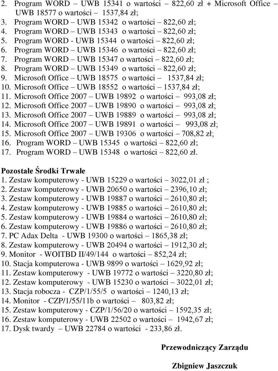 Microsoft Office UWB 18575 o wartości 1537,84 zł; 10. Microsoft Office UWB 18552 o wartości 1537,84 zł; 11. Microsoft Office 2007 UWB 19892 o wartości 993,08 zł; 12.