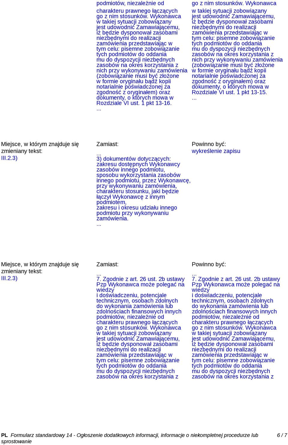 charakteru stosunku, jaki będzie łączył Wykonawcę z innym podmiotem, zakresu i okresu udziału innego podmiotu przy wykonywaniu zamówienia. III.2.3) 7. Zgodnie z art. 26 ust.