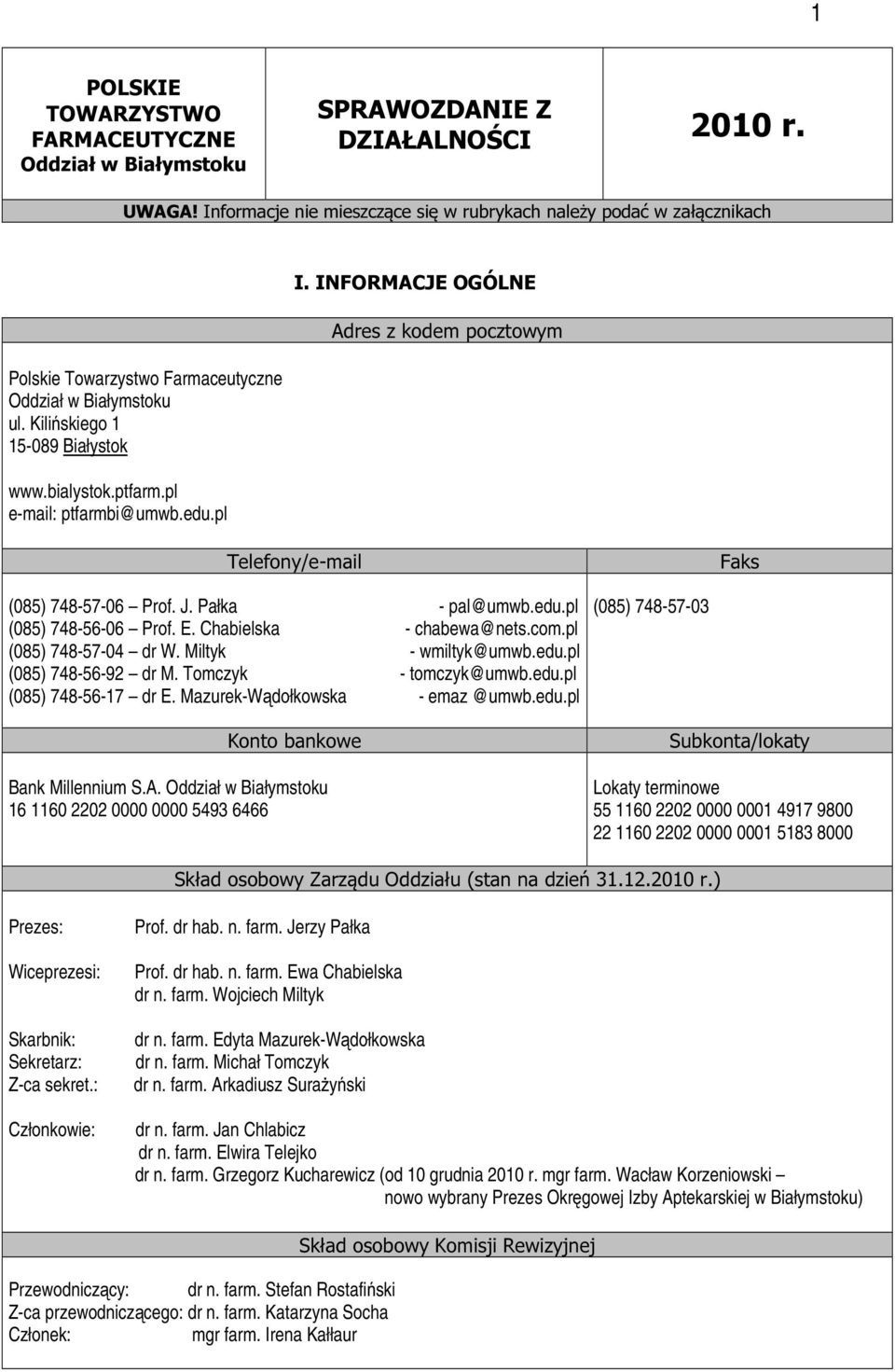 pl e-mail: ptfarmbi@umwb.edu.pl I. INFORMACJE OGÓLNE Adres z kodem pocztowym Telefony/e-mail Faks (085) 748-57-06 Prof. J. Pałka - pal@umwb.edu.pl (085) 748-56-06 Prof. E. Chabielska - chabewa@nets.