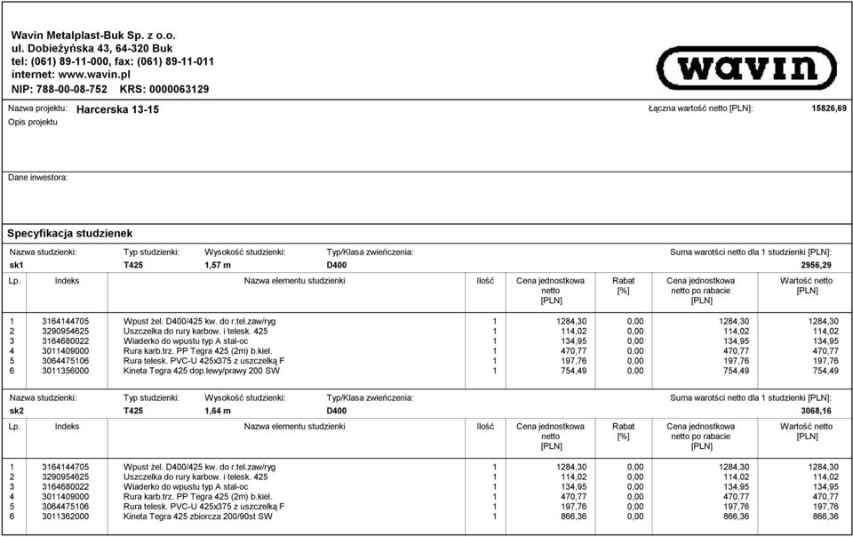 Wysokość studzienki:,57 m Typ/Klasa zwieńczenia: Lp.