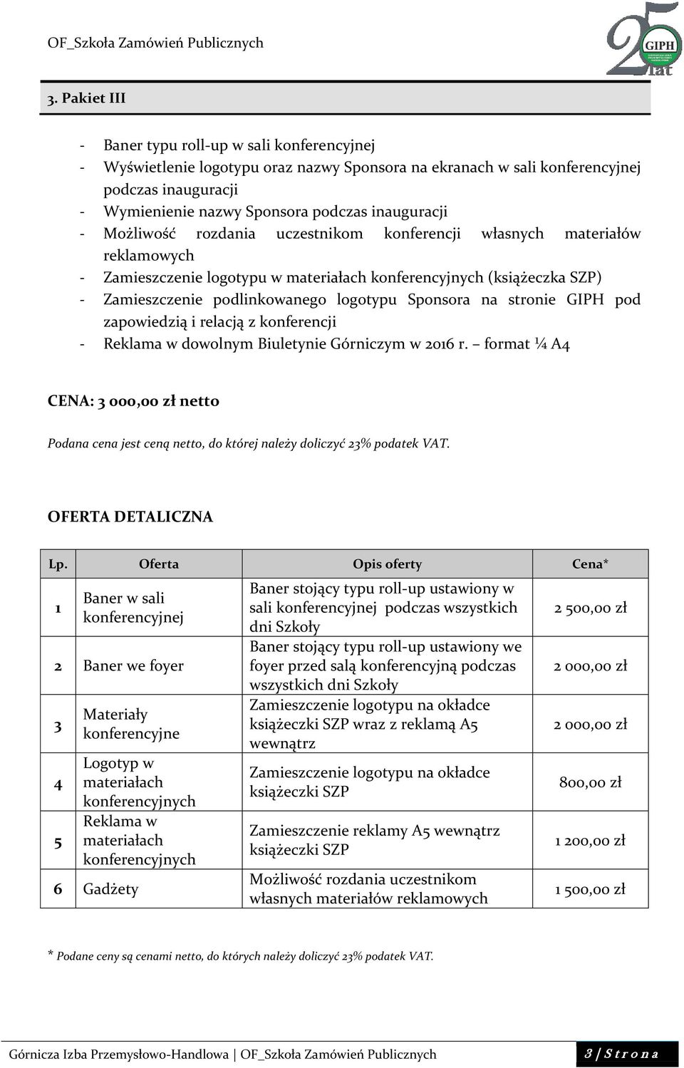 Górniczym w 2016 r. format ¼ A4 CENA: 3 000,00 zł netto OFERTA DETALICZNA Lp.