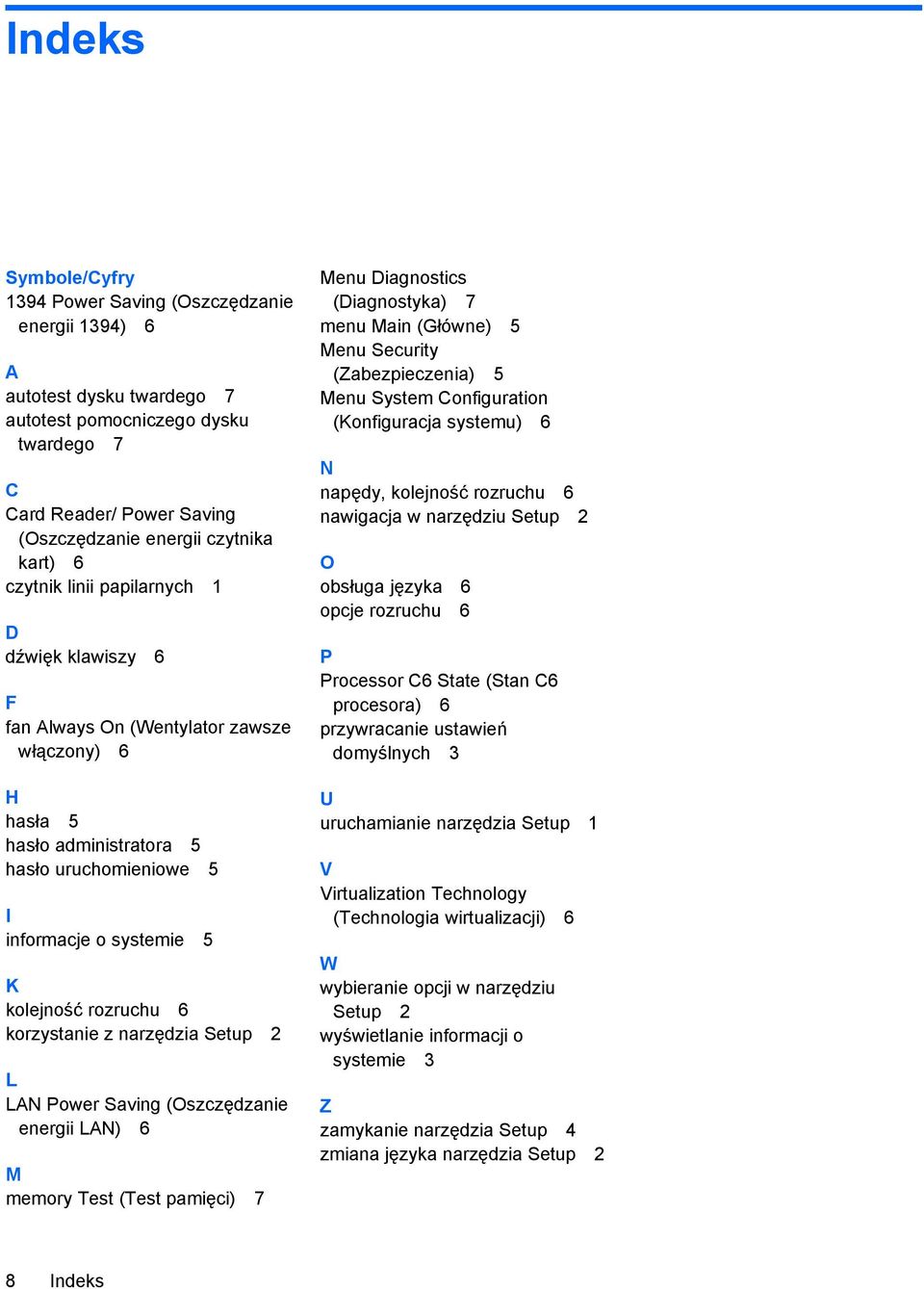 rozruchu 6 korzystanie z narzędzia Setup 2 L LAN Power Saving (Oszczędzanie energii LAN) 6 M memory Test (Test pamięci) 7 Menu Diagnostics (Diagnostyka) 7 menu Main (Główne) 5 Menu Security