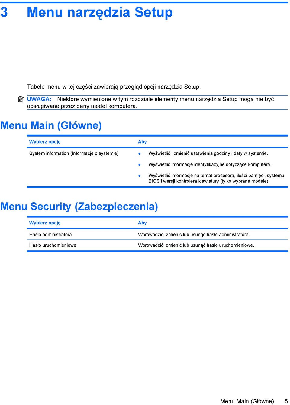 Menu Main (Główne) Wybierz opcję Aby System information (Informacje o systemie) Wyświetlić i zmienić ustawienia godziny i daty w systemie.