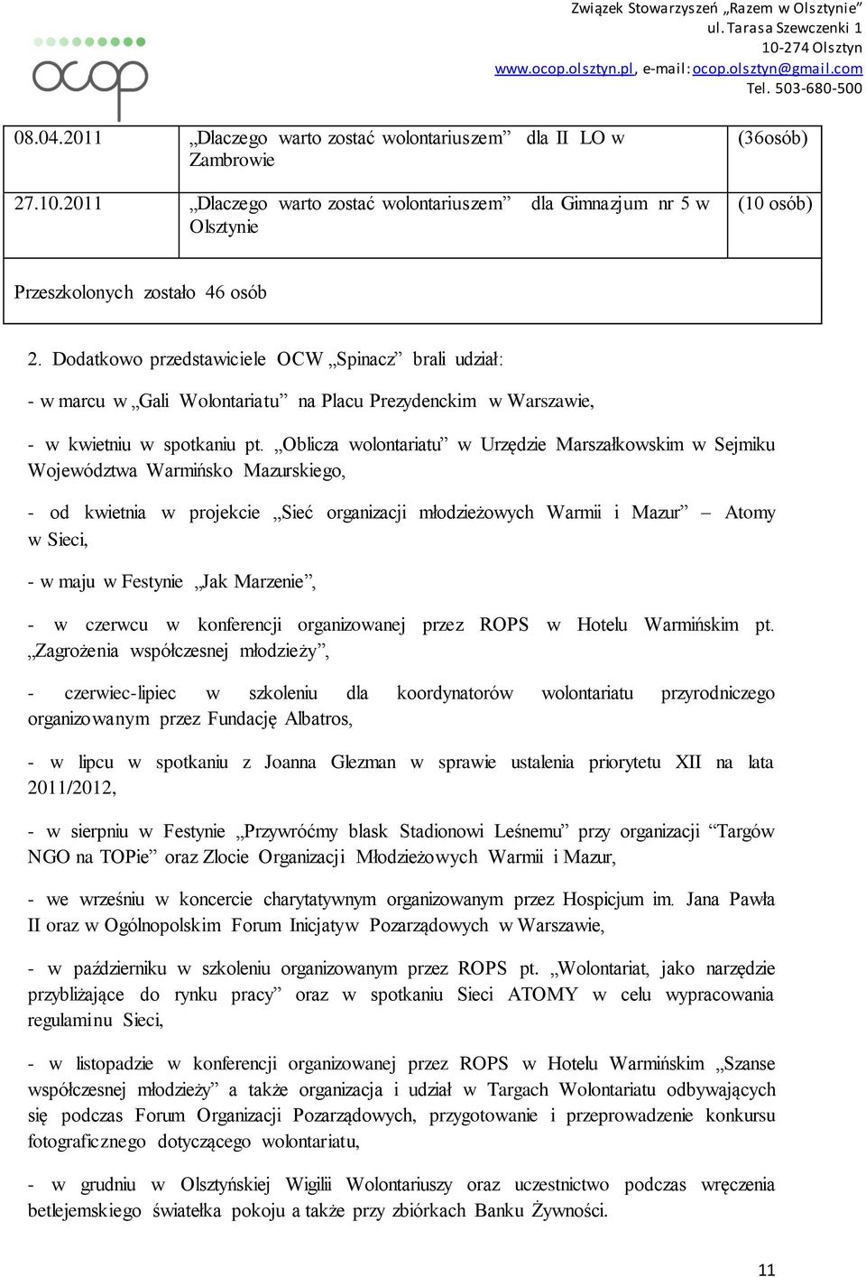 Dodatkowo przedstawiciele OCW Spinacz brali udział: - w marcu w Gali Wolontariatu na Placu Prezydenckim w Warszawie, - w kwietniu w spotkaniu pt.