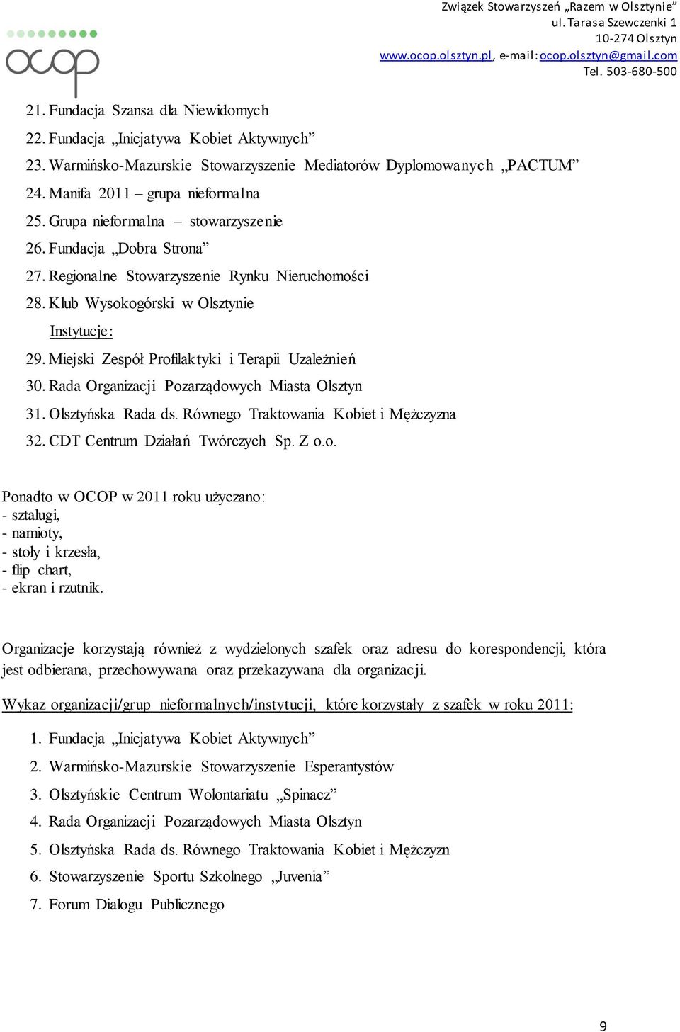 Miejski Zespół Profilaktyki i Terapii Uzależnień 30. Rada Organizacji Pozarządowych Miasta Olsztyn 31. Olsztyńska Rada ds. Równego Traktowania Kobiet i Mężczyzna 32. CDT Centrum Działań Twórczych Sp.