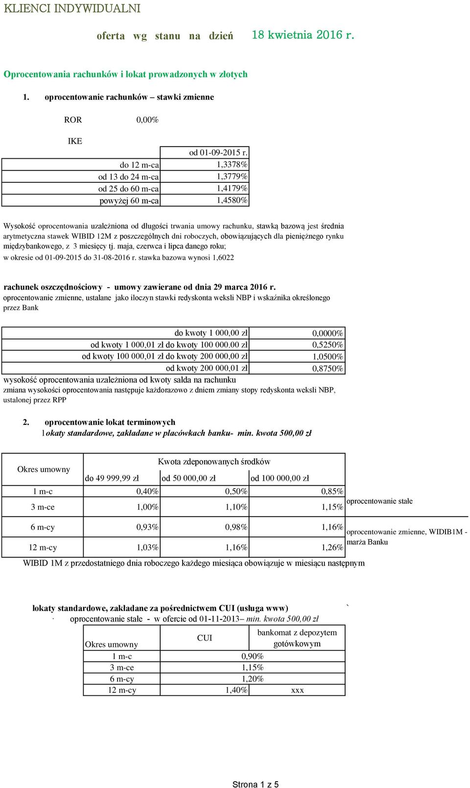 1,3378% 2,1384% 1,3779% 2,2024% 1,4179% 2,2664% 1,4580% 2,3304% Wysokość oprocentowania uzależniona od długości trwania umowy rachunku, stawką bazową jest średnia arytmetyczna stawek WIBID 12M z