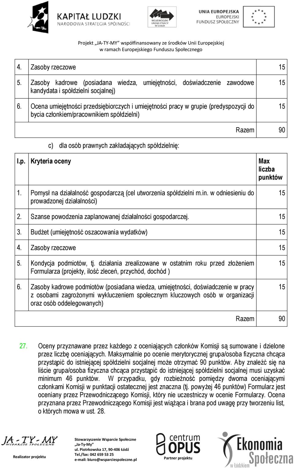 Pomysł na działalność gospodarczą (cel utworzenia spółdzielni m.in. w odniesieniu do prowadzonej działalności) Max liczba punktów 2. Szanse powodzenia zaplanowanej działalności gospodarczej. 3.