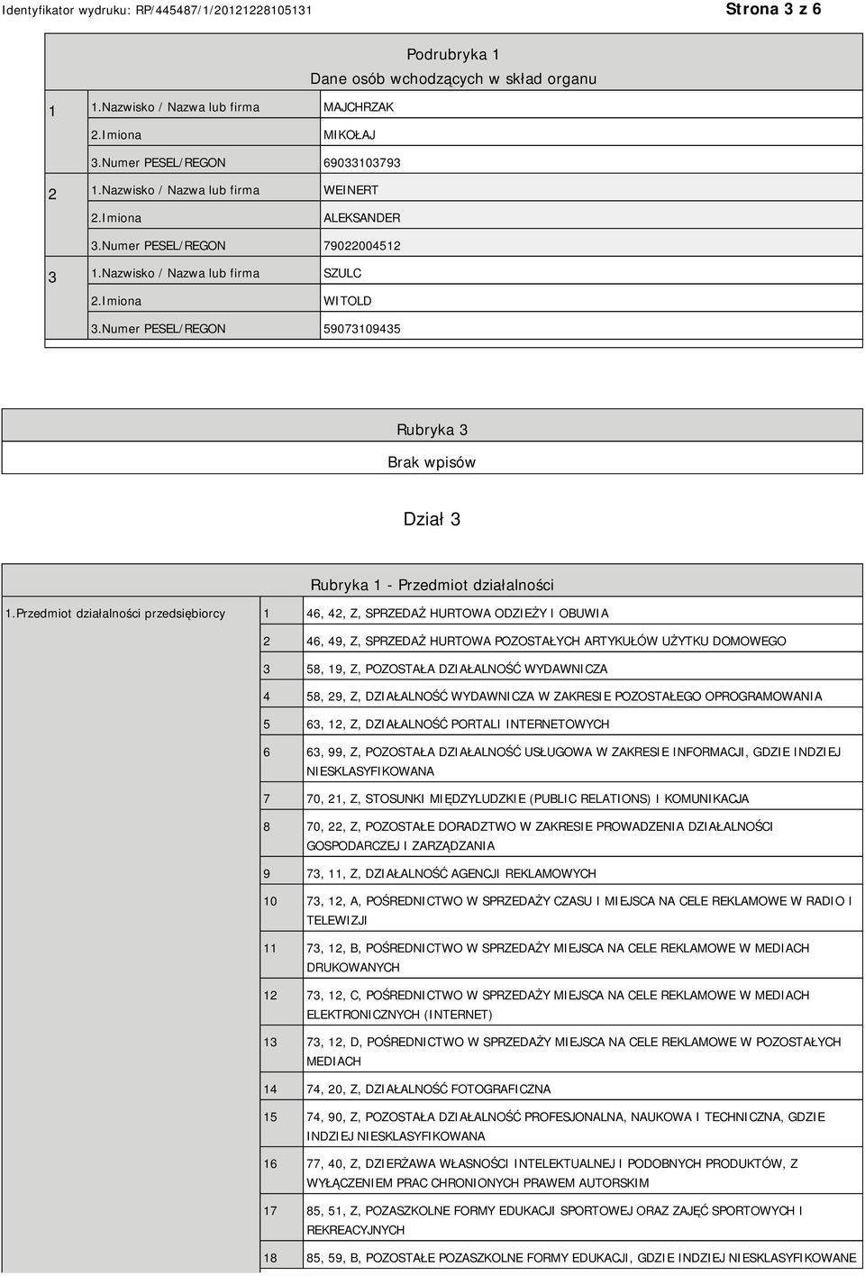 Przedmiot działalności przedsiębiorcy 1 46, 42, Z, SPRZEDAŻ HURTOWA ODZIEŻY I OBUWIA 2 46, 49, Z, SPRZEDAŻ HURTOWA POZOSTAŁYCH ARTYKUŁÓW UŻYTKU DOMOWEGO 3 58, 19, Z, POZOSTAŁA DZIAŁALNOŚĆ WYDAWNICZA