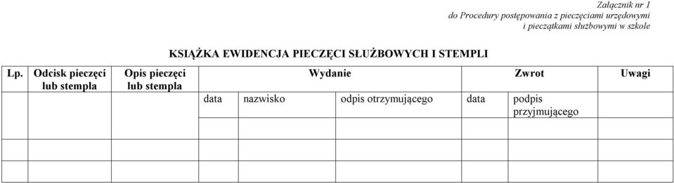 Odcisk pieczęci lub stempla Opis pieczęci lub stempla KSIĄŻKA EWIDENCJA