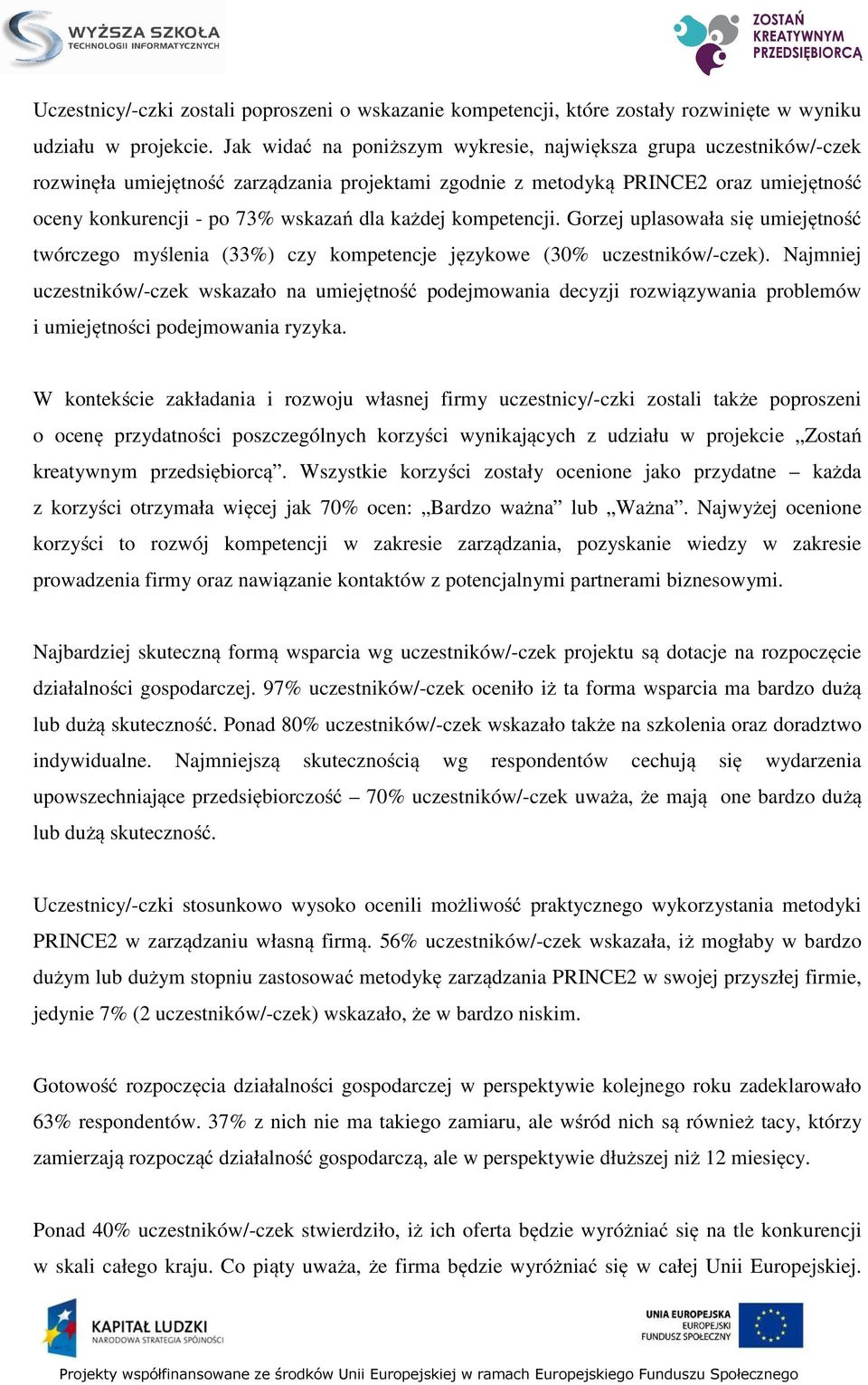 każdej kompetencji. Gorzej uplasowała się umiejętność twórczego myślenia (33%) czy kompetencje językowe (30% uczestników/-czek).