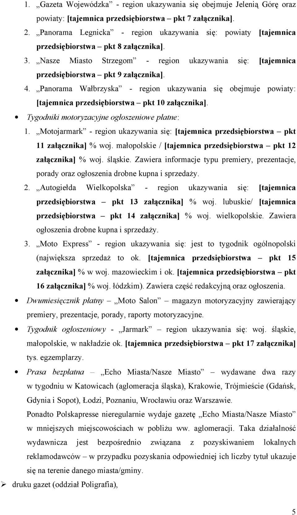 Panorama Wałbrzyska - region ukazywania się obejmuje powiaty: [tajemnica przedsiębiorstwa pkt 10 załącznika]. Tygodniki motoryzacyjne ogłoszeniowe płatne: 1.