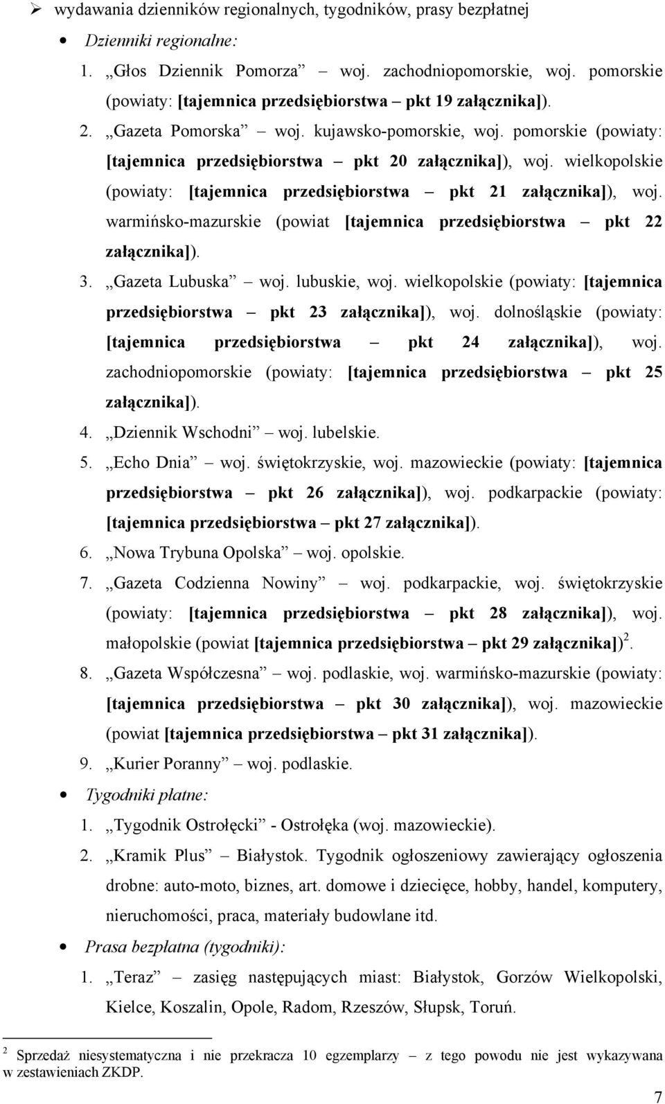 wielkopolskie (powiaty: [tajemnica przedsiębiorstwa pkt 21 załącznika]), woj. warmińsko-mazurskie (powiat [tajemnica przedsiębiorstwa pkt 22 załącznika]). 3. Gazeta Lubuska woj. lubuskie, woj.