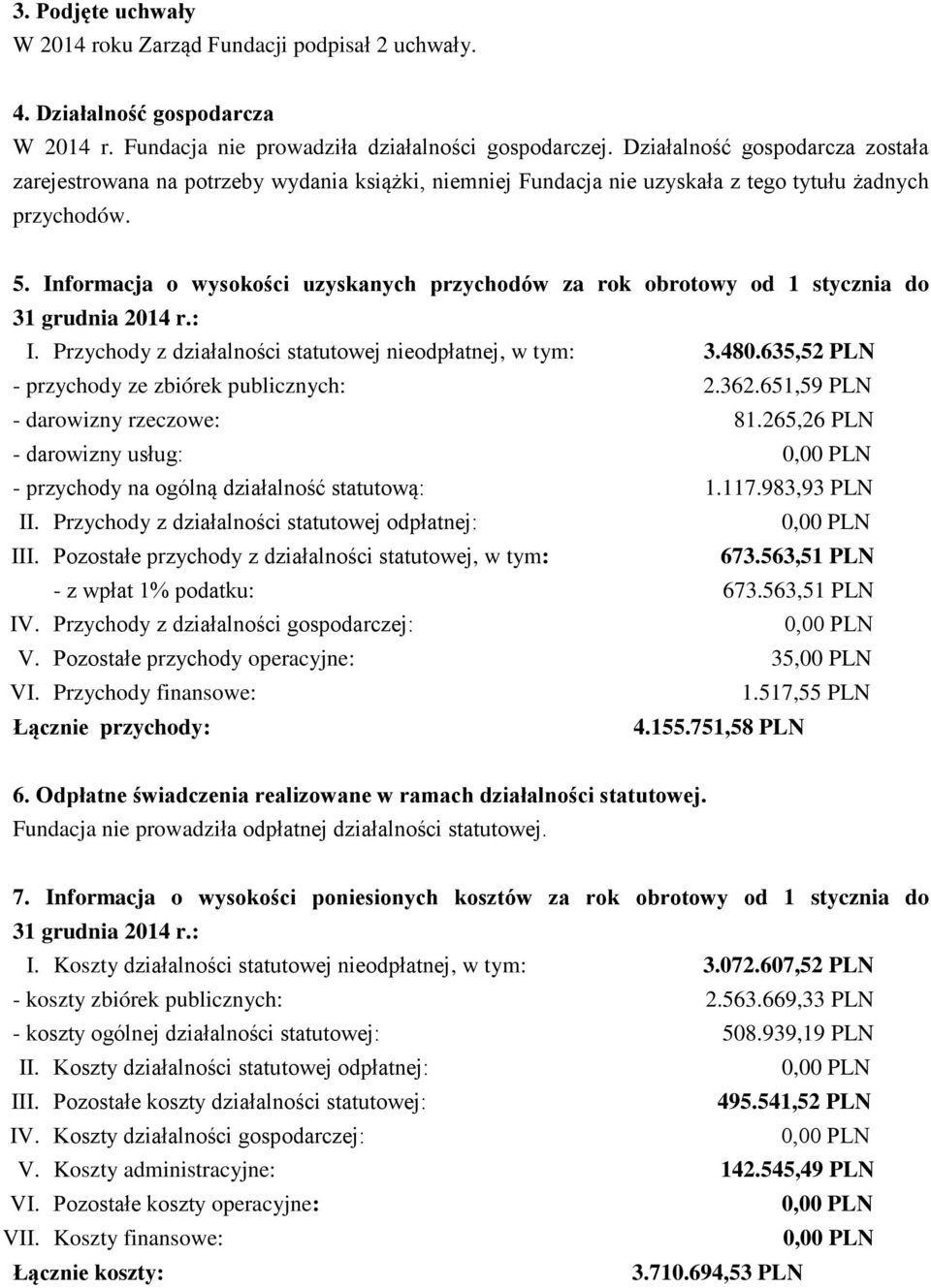 Informacja o wysokości uzyskanych przychodów za rok obrotowy od 1 stycznia do 31 grudnia 2014 r.: I. Przychody z działalności statutowej nieodpłatnej, w tym: 3.480.