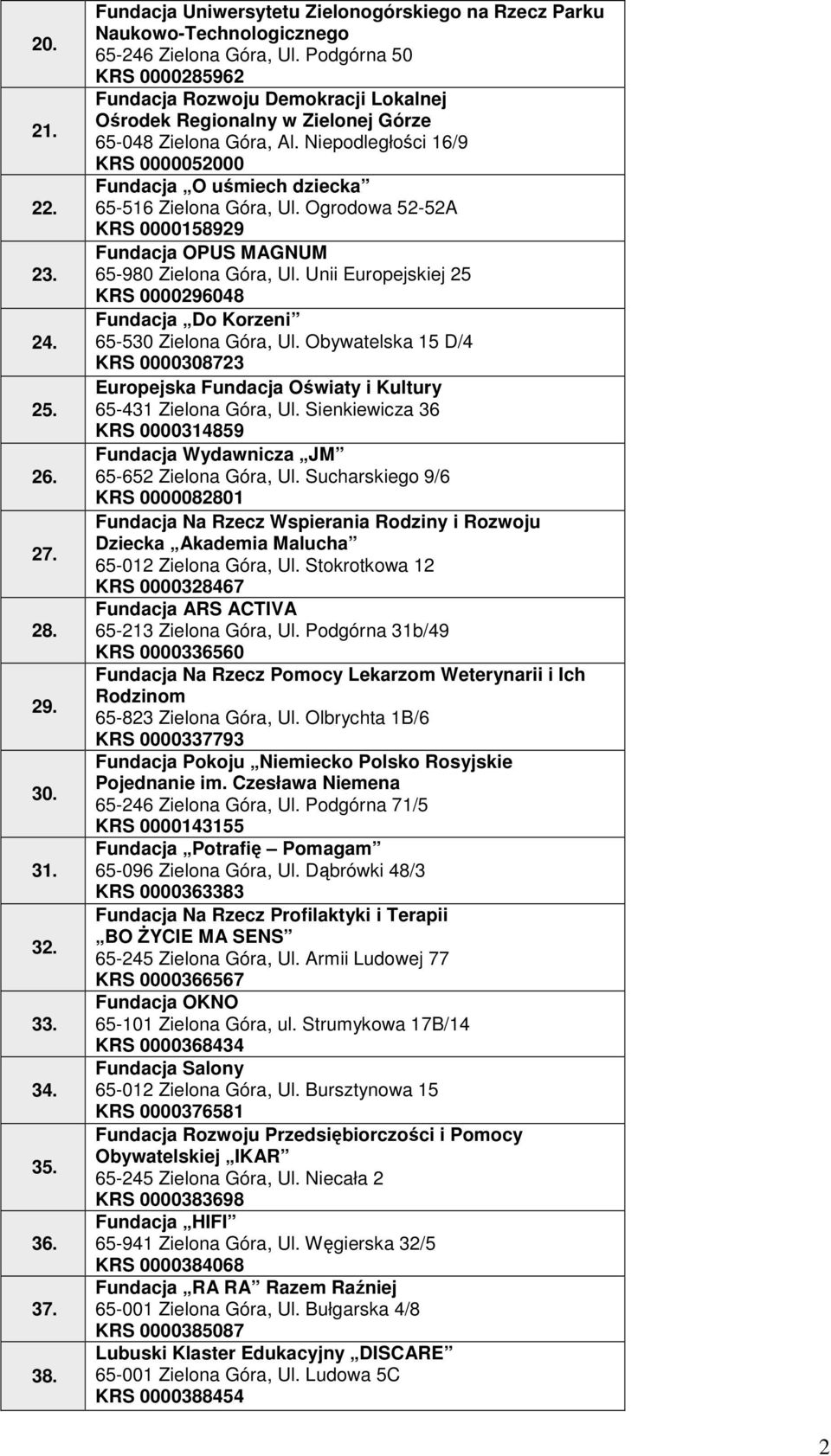 Niepodległości 16/9 KRS 0000052000 Fundacja O uśmiech dziecka 65-516 Zielona Góra, Ul. Ogrodowa 52-52A KRS 0000158929 Fundacja OPUS MAGNUM 65-980 Zielona Góra, Ul.