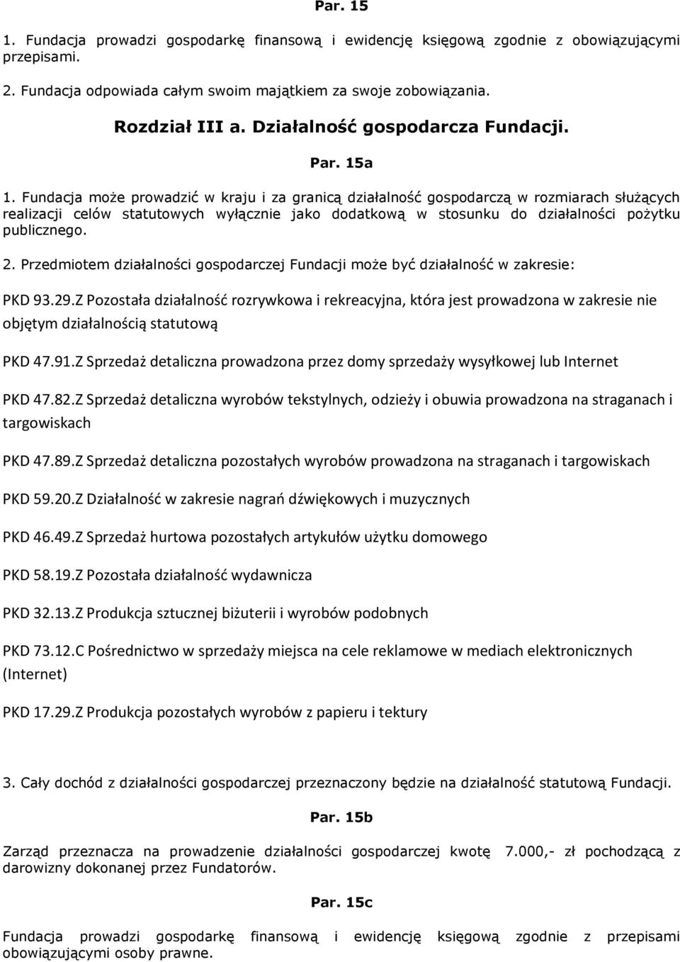 Fundacja może prowadzić w kraju i za granicą działalność gospodarczą w rozmiarach służących realizacji celów statutowych wyłącznie jako dodatkową w stosunku do działalności pożytku publicznego. 2.