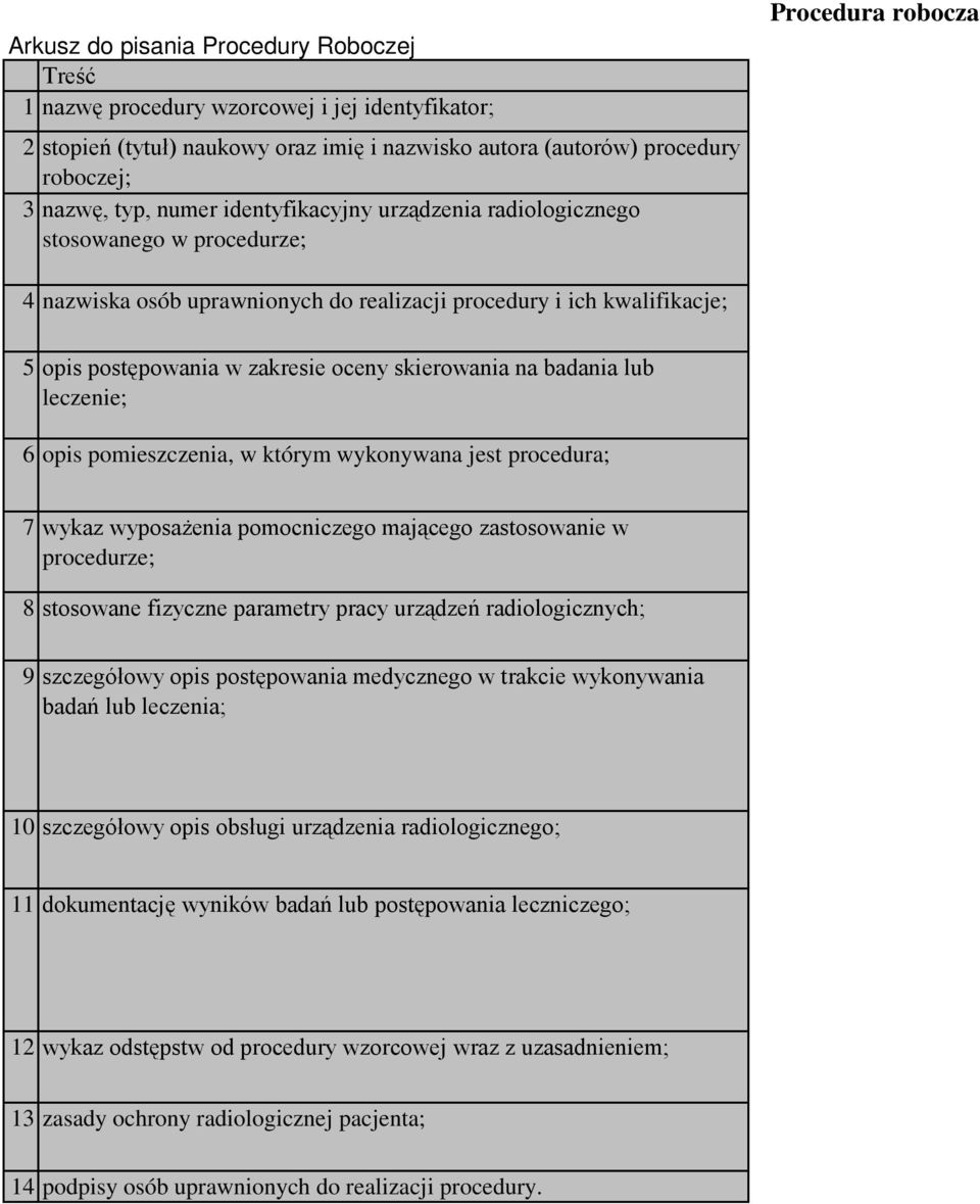 skierowania na badania lub leczenie; 6 opis pomieszczenia, w którym wykonywana jest procedura; 7 wykaz wyposażenia pomocniczego mającego zastosowanie w procedurze; 8 stosowane fizyczne parametry