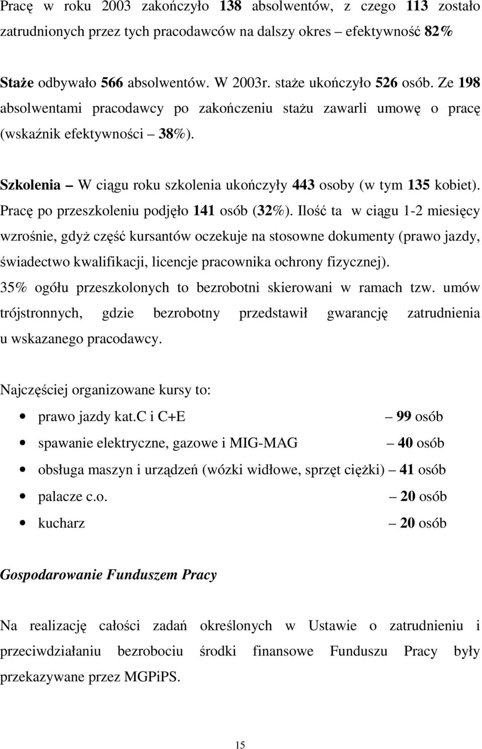 Szkolenia W ciągu roku szkolenia ukończyły 443 osoby (w tym 135 kobiet). Pracę po przeszkoleniu podjęło 141 osób (32%).