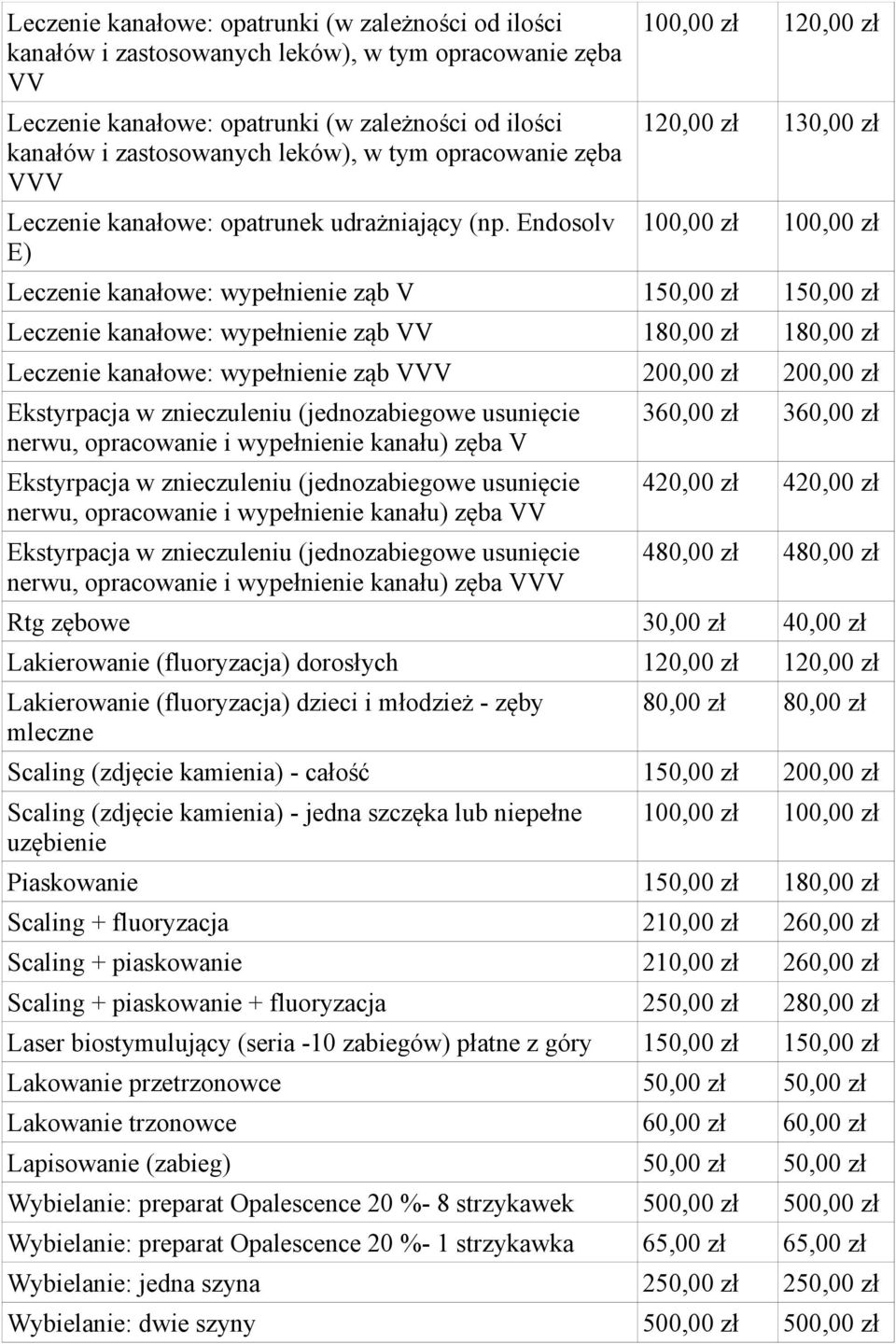 Endosolv E) 100,00 zł 120,00 zł 120,00 zł 130,00 zł 100,00 zł 100,00 zł Leczenie kanałowe: wypełnienie ząb V 150,00 zł 150,00 zł Leczenie kanałowe: wypełnienie ząb VV 180,00 zł 180,00 zł Leczenie