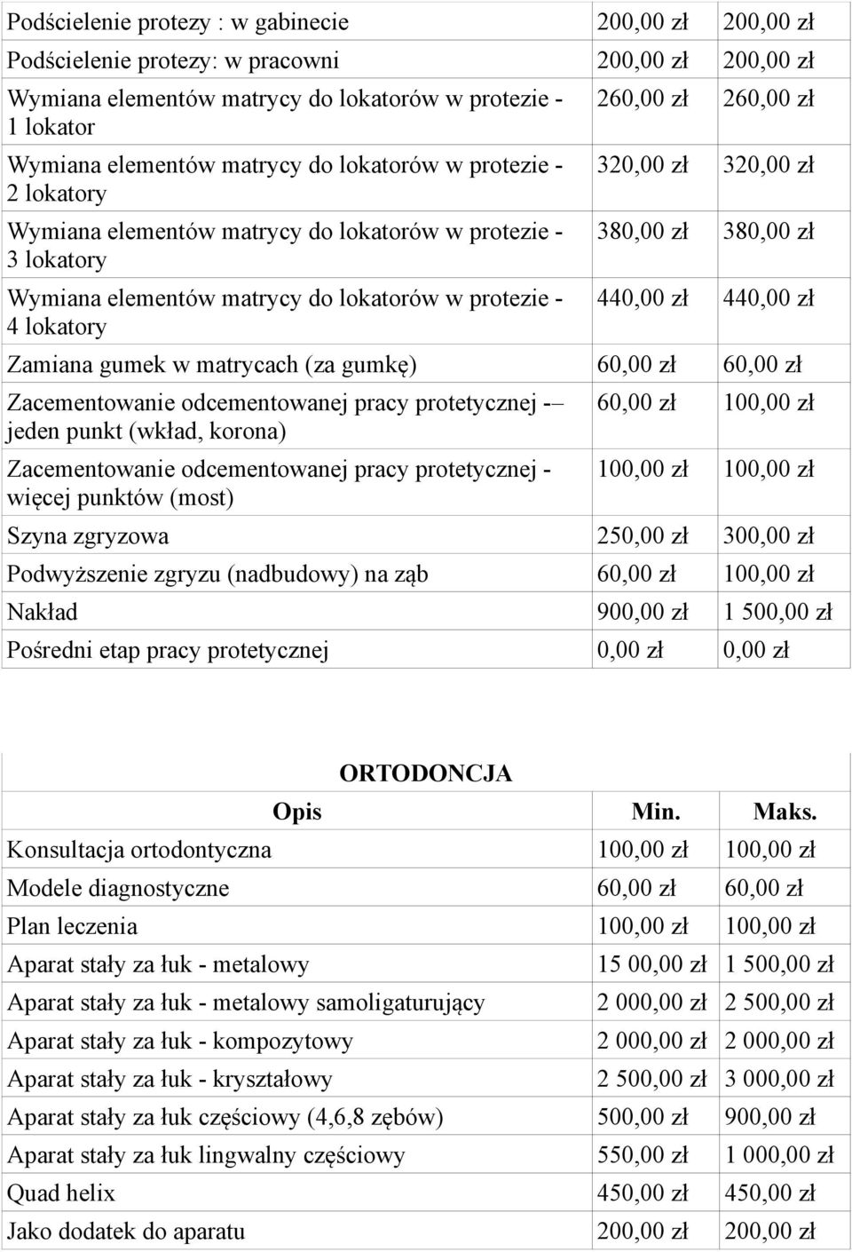 380,00 zł 380,00 zł 440,00 zł 440,00 zł Zamiana gumek w matrycach (za gumkę) 60,00 zł 60,00 zł Zacementowanie odcementowanej pracy protetycznej - jeden punkt (wkład, korona) Zacementowanie