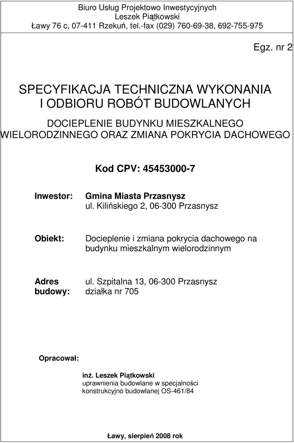 45453000-7 Inwestor: Gmina Miasta Przasnysz ul.