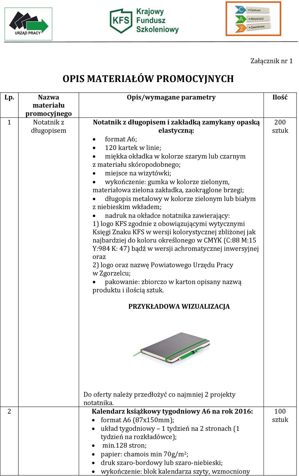 szarym lub czarnym z materiału skóropodobnego; miejsce na wizytówki; wykończenie: gumka w kolorze zielonym, materiałowa zielona zakładka, zaokrąglone brzegi; długopis metalowy w kolorze zielonym lub