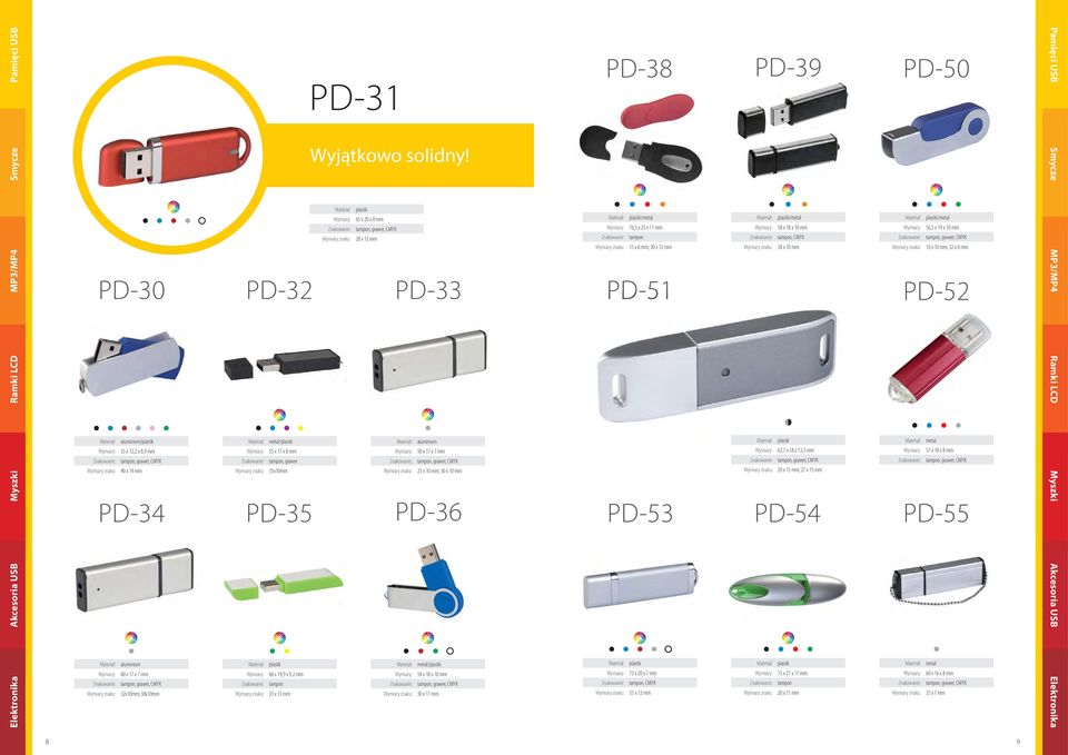 x 10 mm; 32 x 6 mm PD-52 aluminium/ 55 x 12,2 x 8,9 mm, CMYK 40 x 14 mm PD-34 metal/ 55 x 17 x 8 mm 35x10mm PD-35 aluminium 50 x 17 x 7 mm, CMYK 23 x 10 mm; 30 x 10 mm PD-36