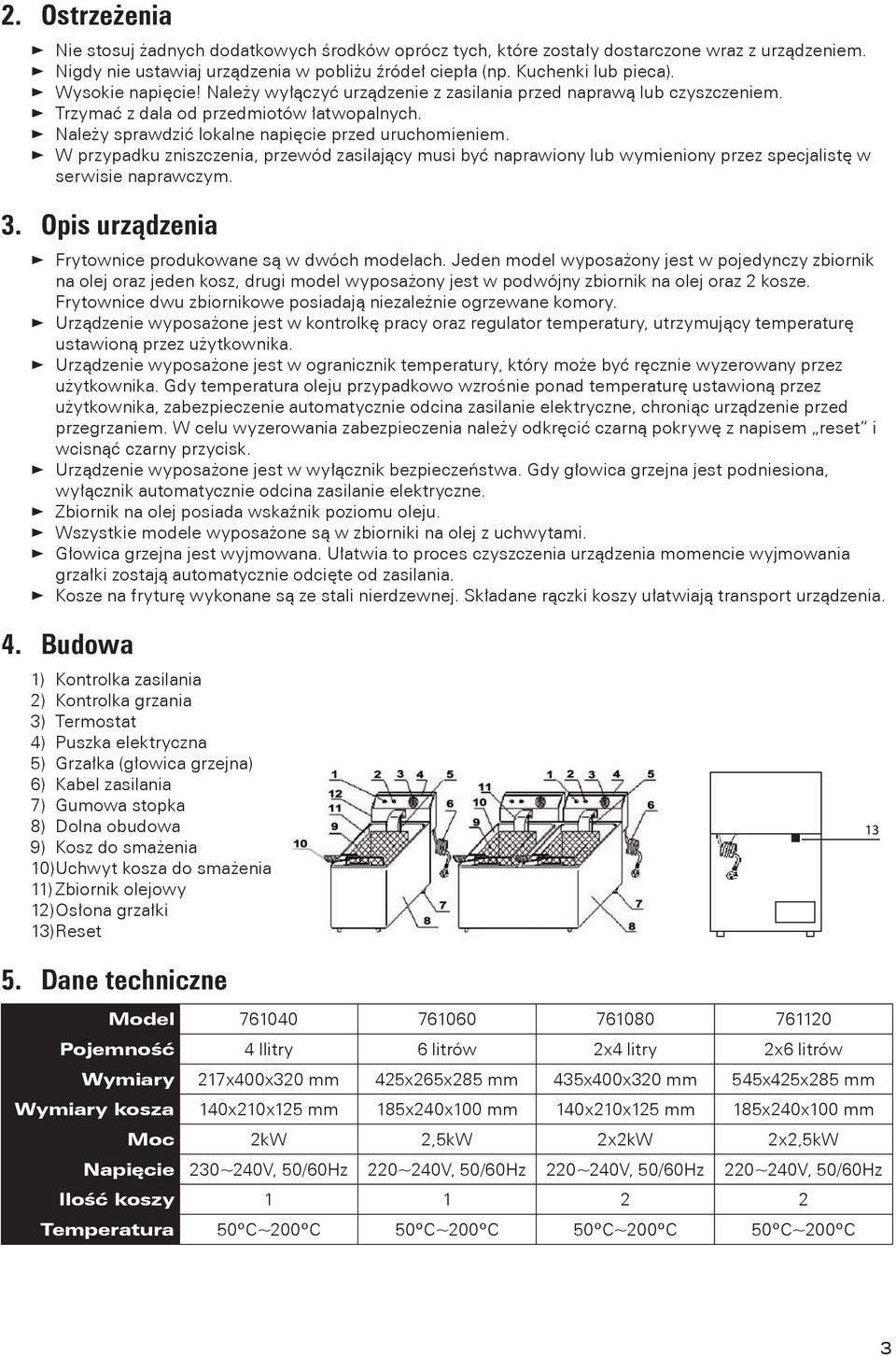 W przypadku zniszczenia, przewód zasilający musi być naprawiony lub wymieniony przez specjalistę w serwisie naprawczym. Opis urządzenia Frytownice produkowane są w dwóch modelach.