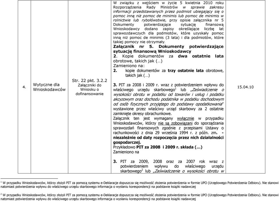 2 Załączniki do Wniosku o dofinansowanie Rozporządzenia Rady Ministrów w sprawie zakresu informacji przedstawianych przez podmiot ubiegający się o pomoc inną niŝ pomoc de minimis lub pomoc de minimis