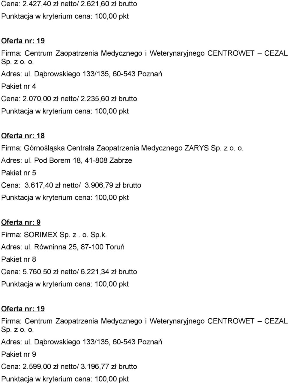 Cena: 3.617,40 zł netto/ 3.906,79 zł brutto Oferta nr: 9 Firma: SORIMEX Sp. z. o. Sp.k. Adres: ul.