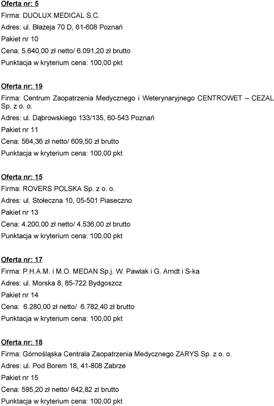 Stołeczna 10, 05-501 Piaseczno Pakiet nr 13 Cena: 4.200,00 zł netto/ 4.536,00 zł brutto Oferta nr: 17 Firma: P.H.A.M. i M.O. MEDAN Sp.j. W. Pawlak i G.