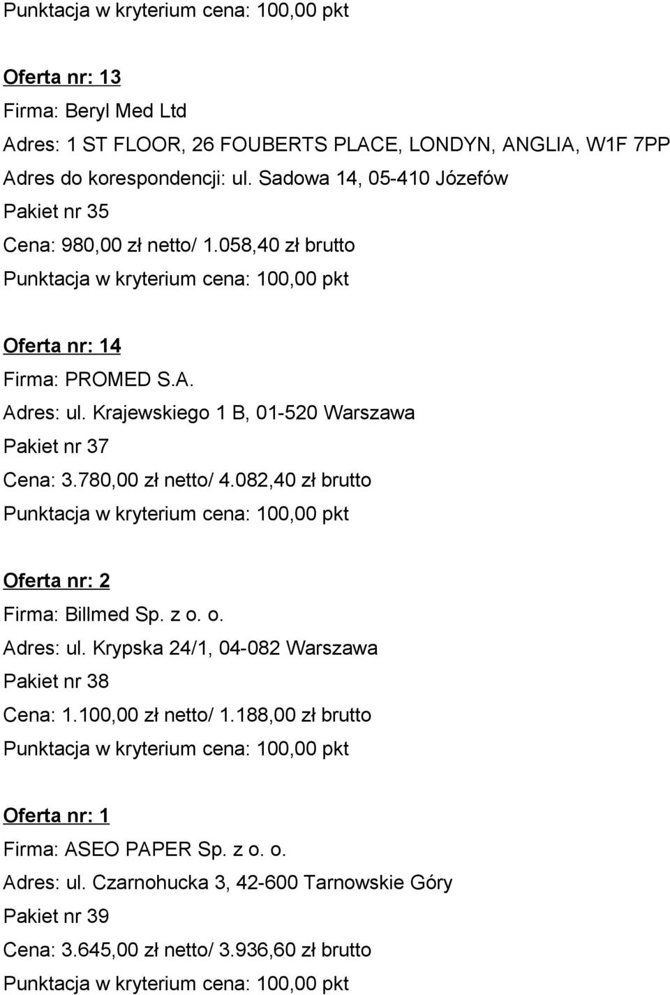 Krajewskiego 1 B, 01-520 Warszawa Pakiet nr 37 Cena: 3.780,00 zł netto/ 4.082,40 zł brutto Oferta nr: 2 Firma: Billmed Adres: ul.